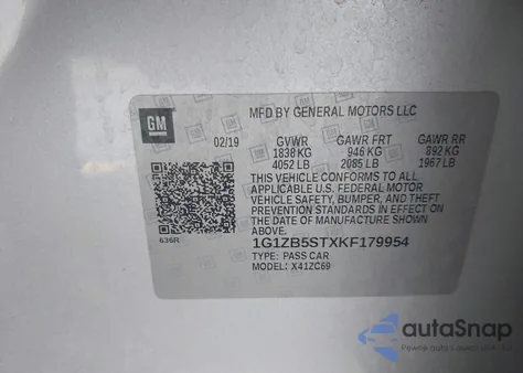 2019 Chevrolet Malibu 1Ls z USA, uszkodzony, nr VIN 1G1ZB5STXKF179954